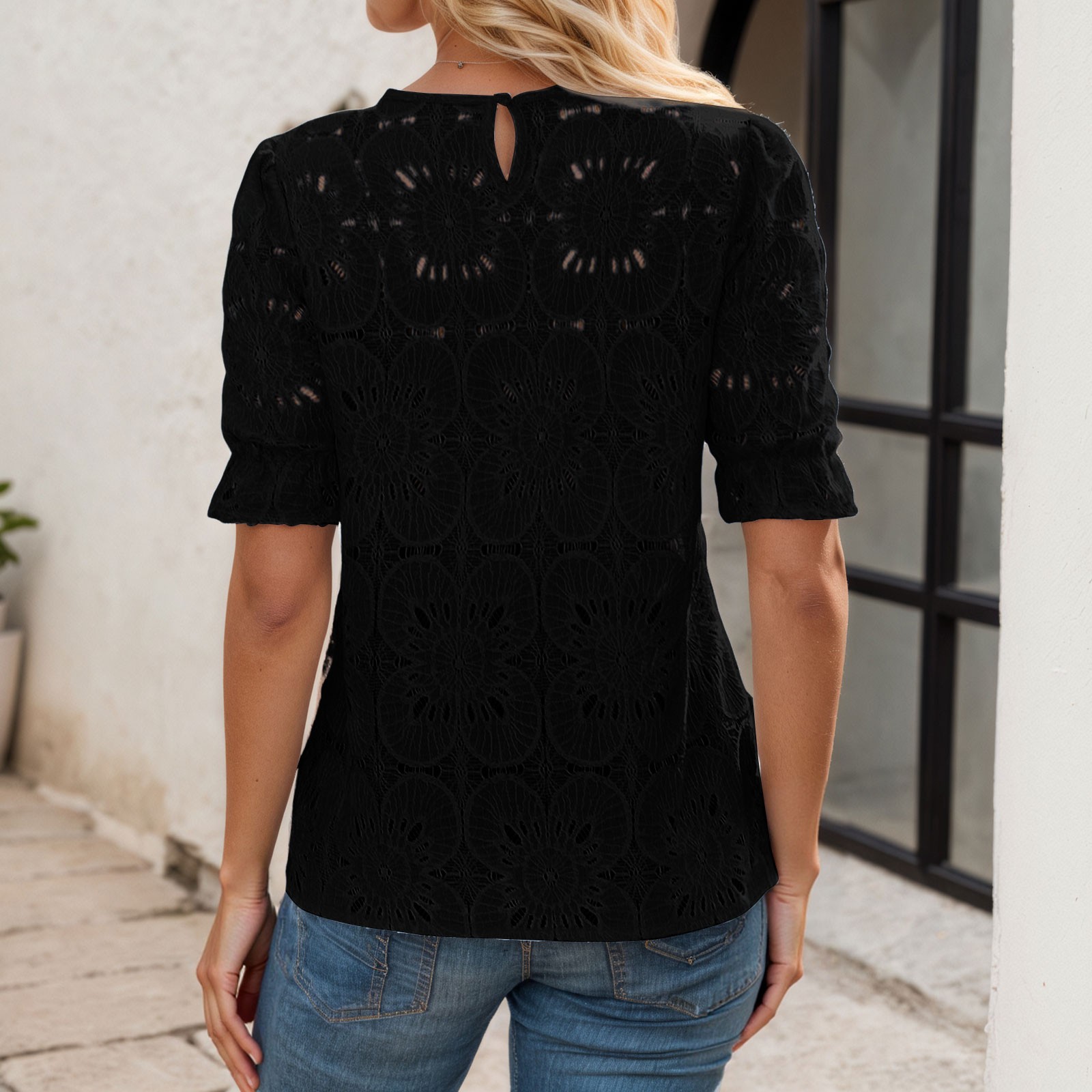 thumbnail image 3 of Blusa con mangas abullonadas y ojales para mujer - Viscosa y nailon, bordada con encaje, verano, 3 of 5